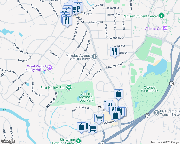 map of restaurants, bars, coffee shops, grocery stores, and more near 521 Greenwood Drive in Athens