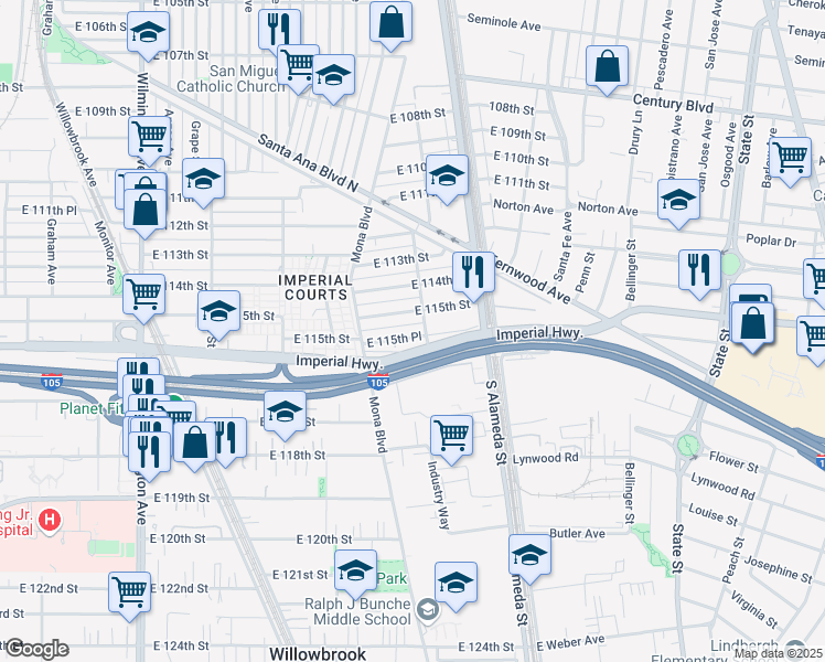 map of restaurants, bars, coffee shops, grocery stores, and more near 2447 East 115th Place in Los Angeles