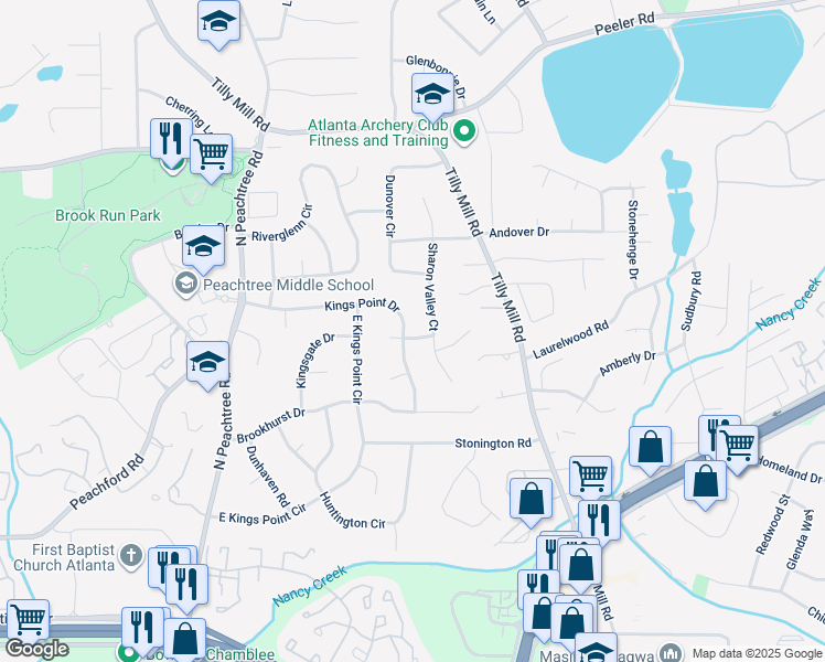 map of restaurants, bars, coffee shops, grocery stores, and more near 2452 Kings Point Drive in Dunwoody