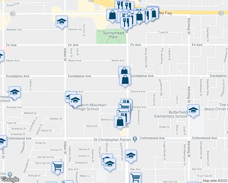 map of restaurants, bars, coffee shops, grocery stores, and more near 24886 Atwood Avenue in Moreno Valley