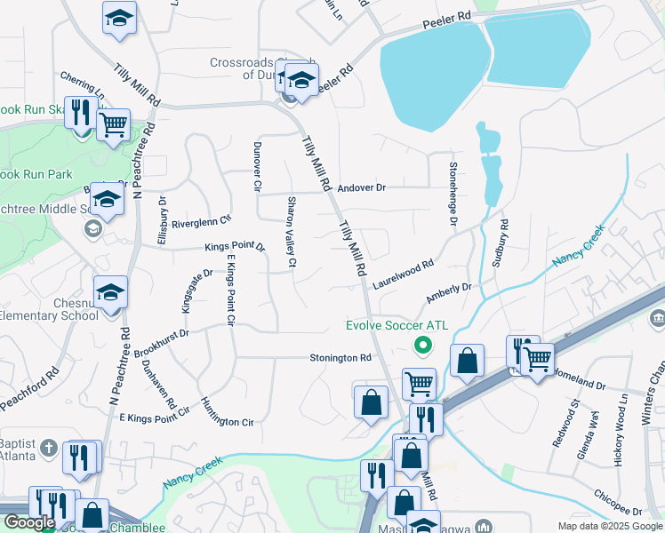 map of restaurants, bars, coffee shops, grocery stores, and more near 2505 Old Orchard Court in Dunwoody