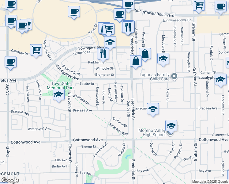 map of restaurants, bars, coffee shops, grocery stores, and more near 13097 Pan Am Boulevard in Moreno Valley