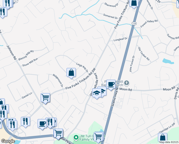 map of restaurants, bars, coffee shops, grocery stores, and more near 500 Leigh Kay Drive in Lawrenceville