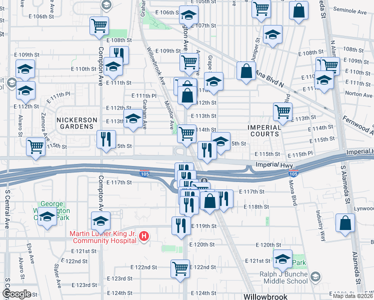 map of restaurants, bars, coffee shops, grocery stores, and more near 11508 Wilmington Avenue in Los Angeles