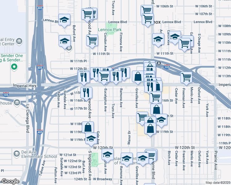 map of restaurants, bars, coffee shops, grocery stores, and more near 11500 Truro Avenue in Hawthorne