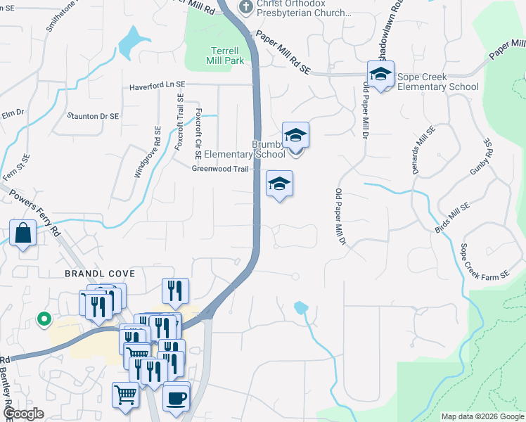 map of restaurants, bars, coffee shops, grocery stores, and more near 895 Terrell Mill Road Southeast in Marietta