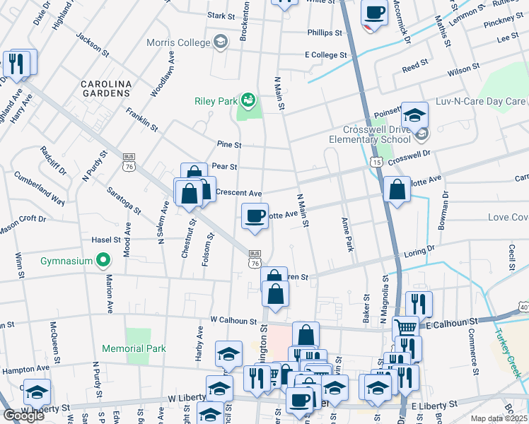 map of restaurants, bars, coffee shops, grocery stores, and more near 29 West Charlotte Avenue in Sumter
