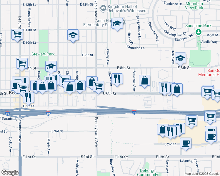 map of restaurants, bars, coffee shops, grocery stores, and more near 645 Illinois Avenue in Beaumont