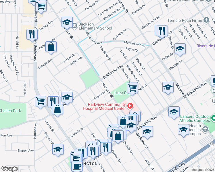 map of restaurants, bars, coffee shops, grocery stores, and more near 4145 Jackson Street in Riverside