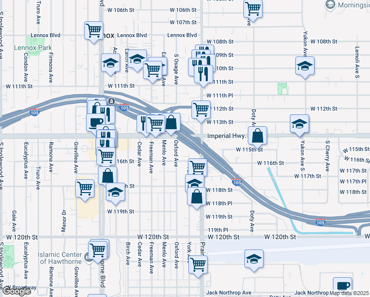 map of restaurants, bars, coffee shops, grocery stores, and more near 11445 York Avenue in Hawthorne