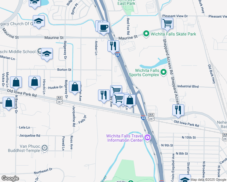 map of restaurants, bars, coffee shops, grocery stores, and more near 1210 Kenley Avenue in Wichita Falls