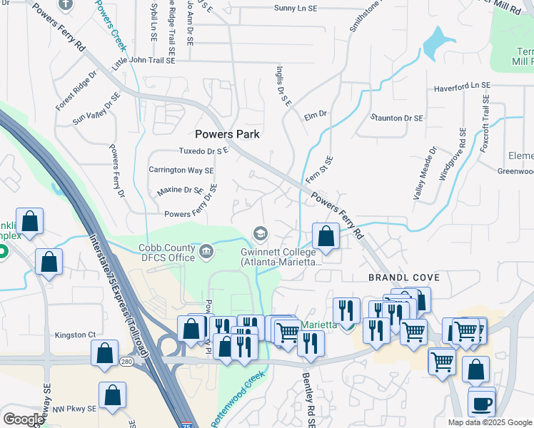 map of restaurants, bars, coffee shops, grocery stores, and more near 2237 Runnymead Ridge Southeast in Marietta