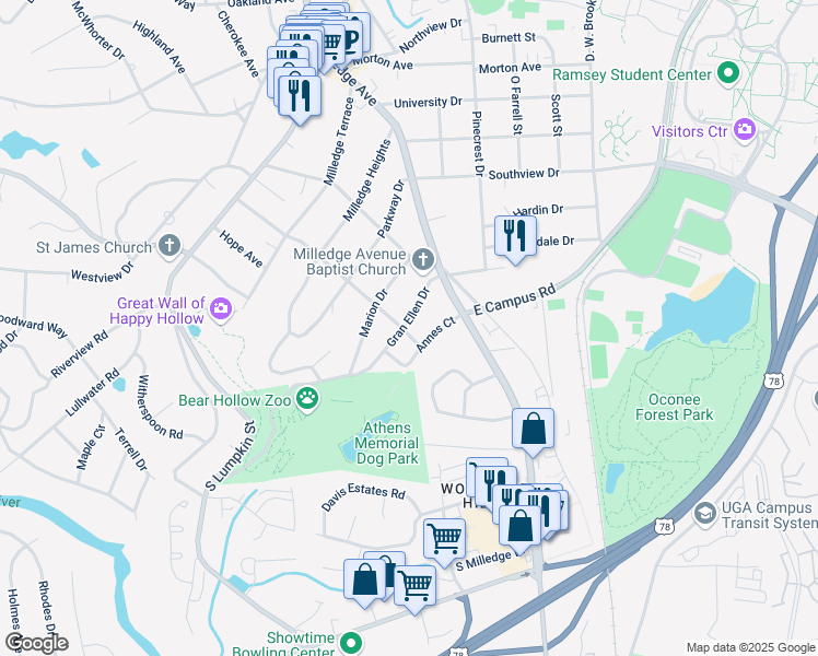 map of restaurants, bars, coffee shops, grocery stores, and more near 159 Gran Ellen Drive in Athens