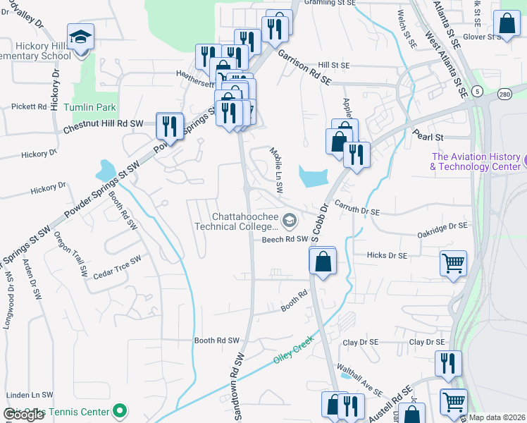 map of restaurants, bars, coffee shops, grocery stores, and more near 551-675 Haven Drive Southwest in Marietta