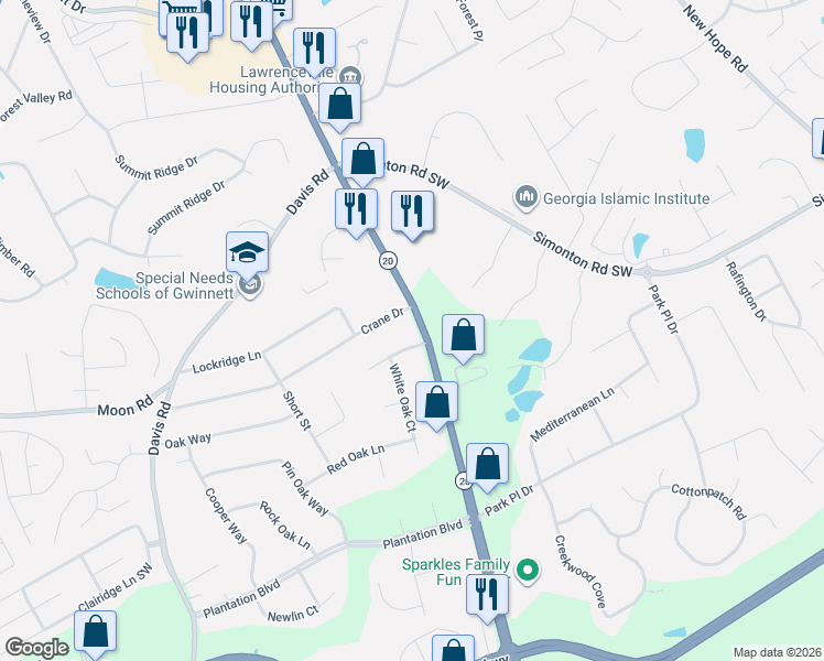 map of restaurants, bars, coffee shops, grocery stores, and more near 811 Georgia 20 in Lawrenceville