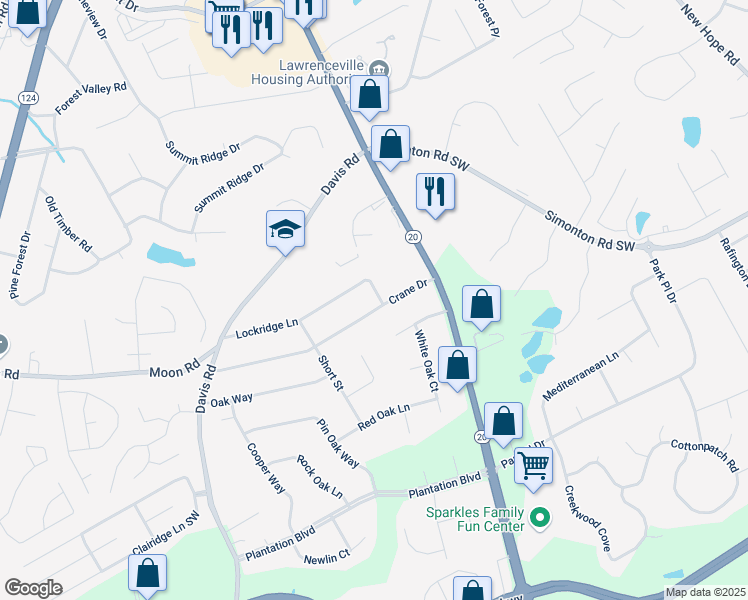map of restaurants, bars, coffee shops, grocery stores, and more near 379 Crane Drive in Lawrenceville