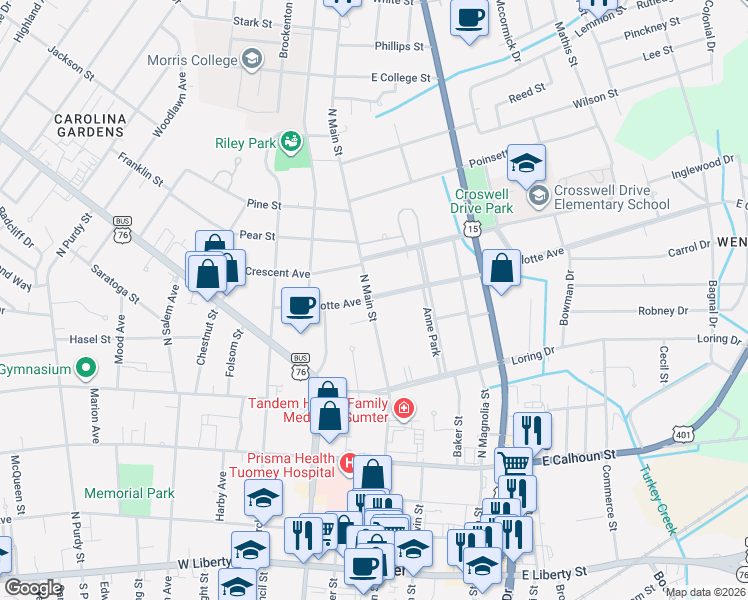 map of restaurants, bars, coffee shops, grocery stores, and more near 447 North Main Street in Sumter