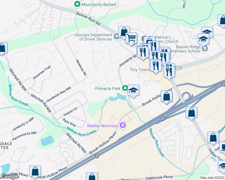 map of restaurants, bars, coffee shops, grocery stores, and more near 500 Pinnacle Way in Norcross