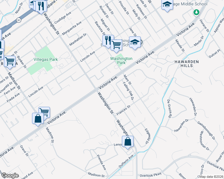 map of restaurants, bars, coffee shops, grocery stores, and more near 2644 Shamblin Court in Riverside