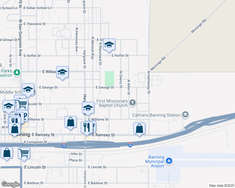 map of restaurants, bars, coffee shops, grocery stores, and more near 531 North Cherry Street in Banning
