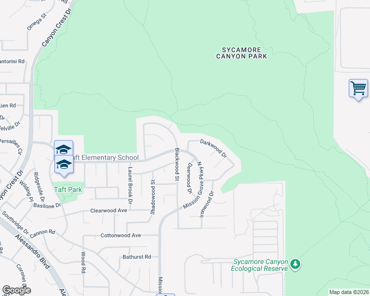 map of restaurants, bars, coffee shops, grocery stores, and more near 6696 Mission Grove Parkway North in Riverside