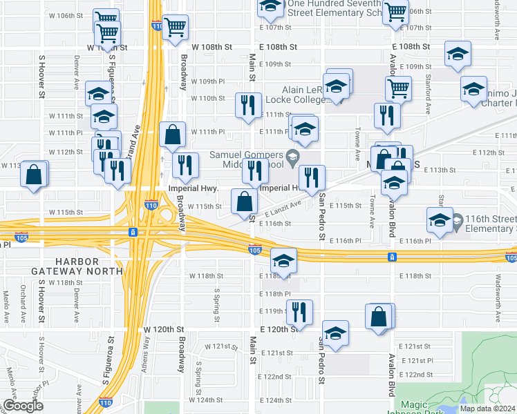 map of restaurants, bars, coffee shops, grocery stores, and more near 11428 South Main Street in Los Angeles