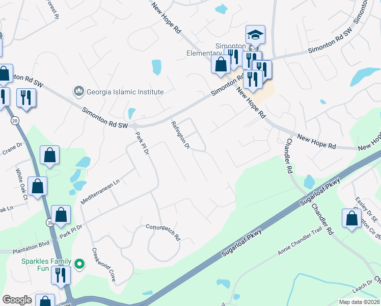 map of restaurants, bars, coffee shops, grocery stores, and more near 1001 Ludwick Way in Lawrenceville