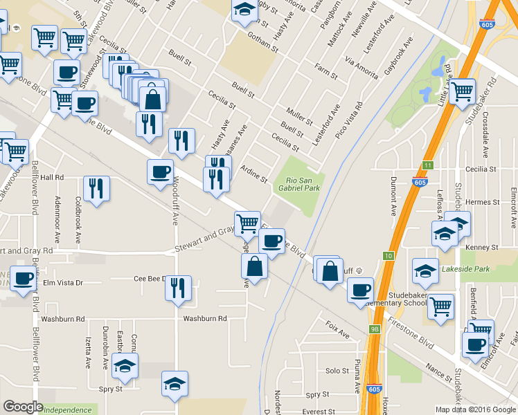 map of restaurants, bars, coffee shops, grocery stores, and more near 11121 Newville Ave in Downey