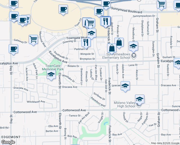 map of restaurants, bars, coffee shops, grocery stores, and more near 13055 Lakota Street in Moreno Valley