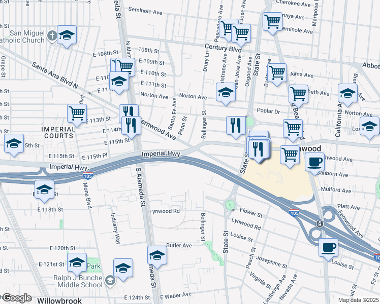 map of restaurants, bars, coffee shops, grocery stores, and more near 2810 East Imperial Highway in Lynwood