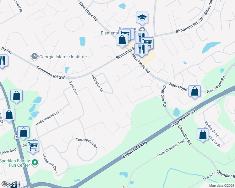map of restaurants, bars, coffee shops, grocery stores, and more near 1065 Rafington Drive in Lawrenceville