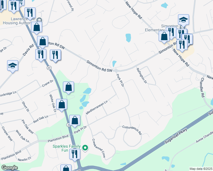 map of restaurants, bars, coffee shops, grocery stores, and more near 115 Ventnor Court in Lawrenceville
