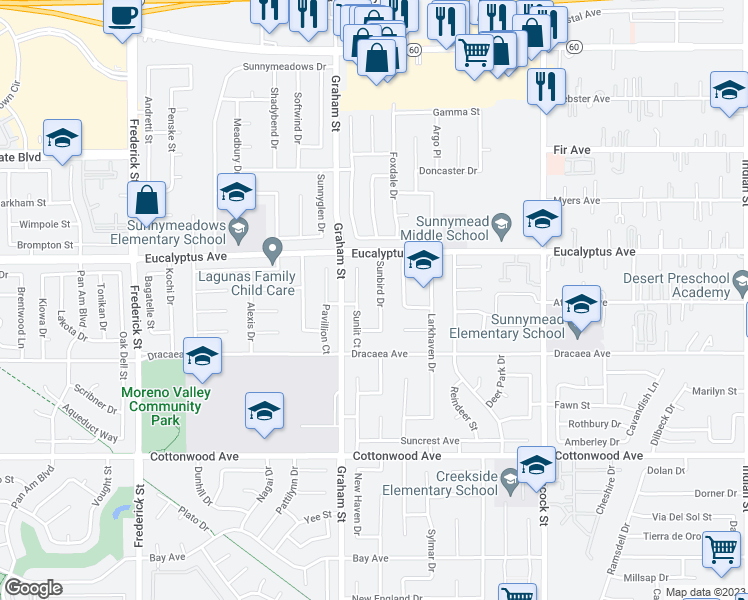 map of restaurants, bars, coffee shops, grocery stores, and more near 13115 Sunbird Drive in Moreno Valley