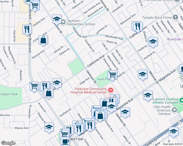 map of restaurants, bars, coffee shops, grocery stores, and more near 4145 Jackson Street in Riverside