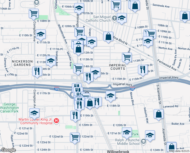 map of restaurants, bars, coffee shops, grocery stores, and more near 11510 Grape Street in Los Angeles