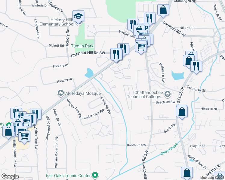 map of restaurants, bars, coffee shops, grocery stores, and more near 1067 Brownstone Drive Southwest in Marietta