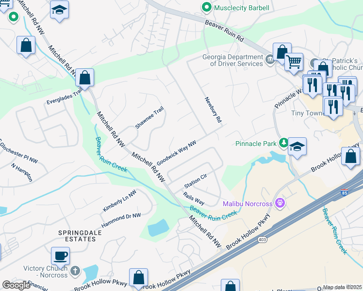 map of restaurants, bars, coffee shops, grocery stores, and more near 5481 Goodwick Way Northwest in Norcross