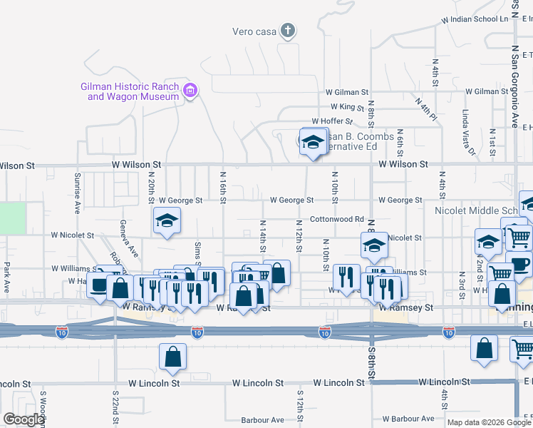 map of restaurants, bars, coffee shops, grocery stores, and more near 1379 Cottonwood Road in Banning