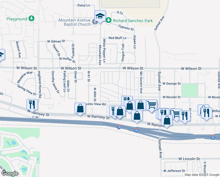 map of restaurants, bars, coffee shops, grocery stores, and more near in Banning
