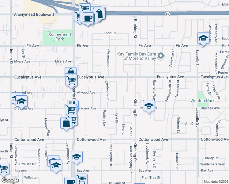 map of restaurants, bars, coffee shops, grocery stores, and more near 13097 Thistle Brook Drive in Moreno Valley