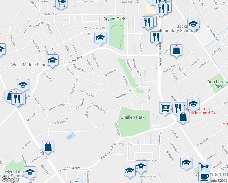 map of restaurants, bars, coffee shops, grocery stores, and more near 4755 Challen Avenue in Riverside