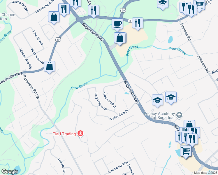 map of restaurants, bars, coffee shops, grocery stores, and more near 96 Towne Park Drive in Lawrenceville
