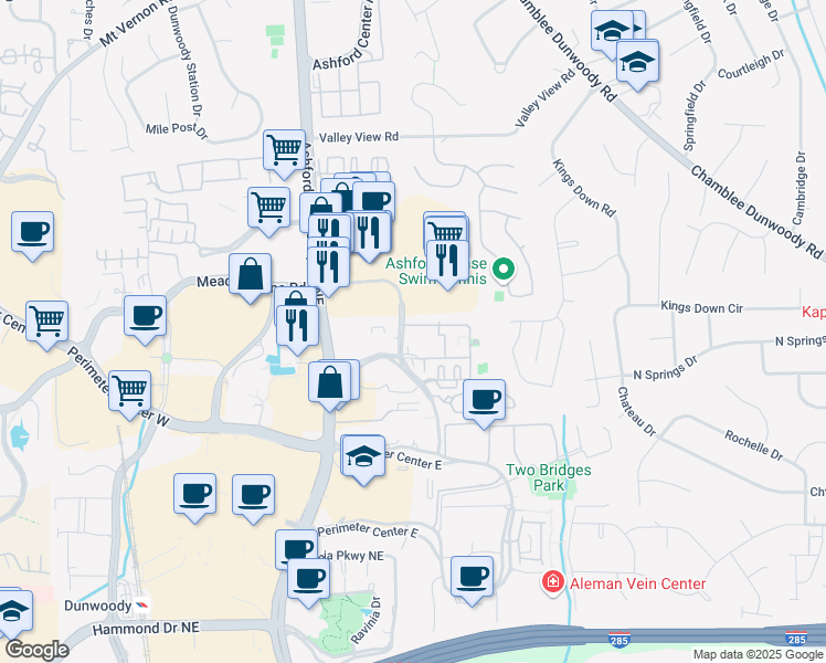 map of restaurants, bars, coffee shops, grocery stores, and more near 9127 Madison Drive in Dunwoody