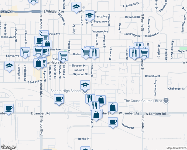 map of restaurants, bars, coffee shops, grocery stores, and more near 1790 Oldwood Court in Brea