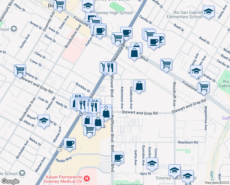 map of restaurants, bars, coffee shops, grocery stores, and more near 11648 Bellflower Boulevard in Downey