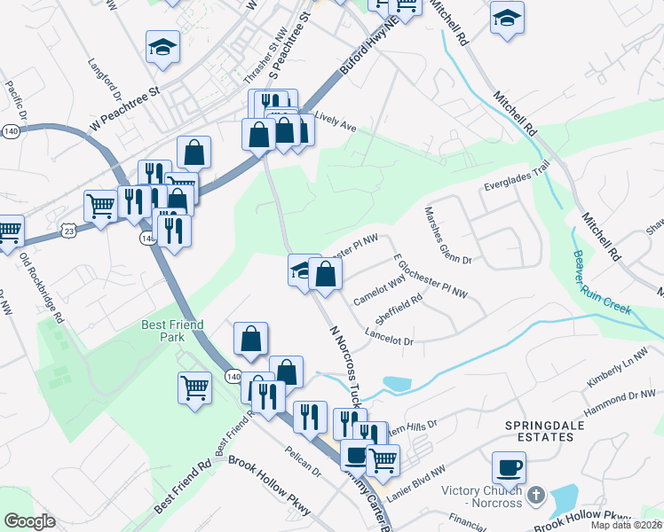 map of restaurants, bars, coffee shops, grocery stores, and more near 734 Lancelot Drive in Norcross