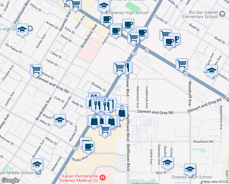 map of restaurants, bars, coffee shops, grocery stores, and more near 9013 Buckles Street in Downey
