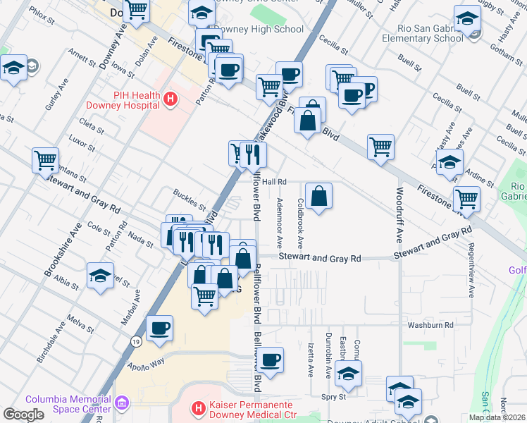map of restaurants, bars, coffee shops, grocery stores, and more near 11648 Bellflower Boulevard in Downey