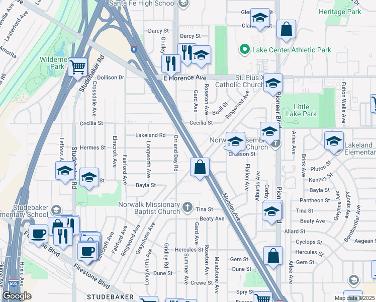 map of restaurants, bars, coffee shops, grocery stores, and more near 11460 Cresson Street in Norwalk