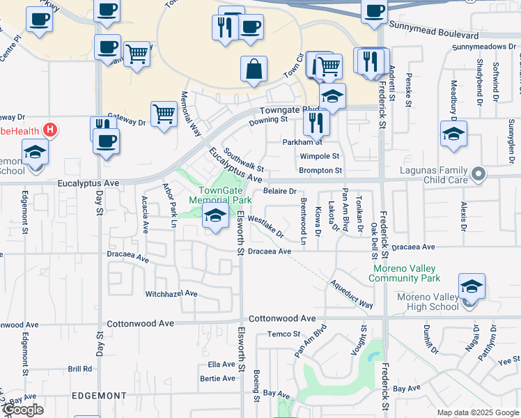 map of restaurants, bars, coffee shops, grocery stores, and more near 13099 Palisade Place in Moreno Valley